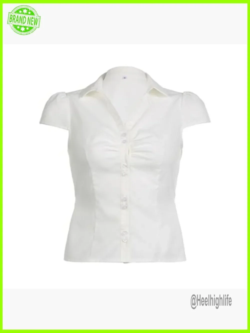 Vintage 90s Crop Shirt Cap Sleeve Lapel Collar Button Down Slim Fit Ruched Tie - Picture 6 of 6